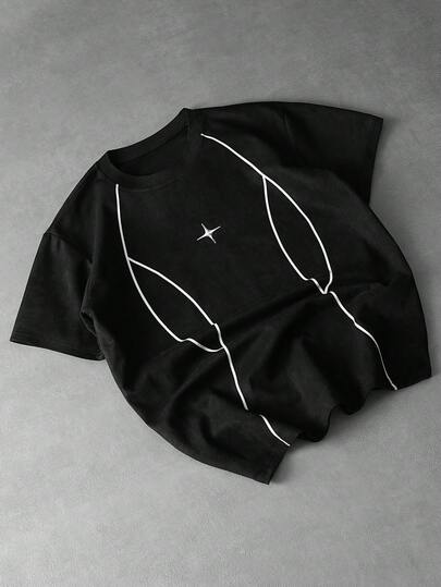 PAVTROS 男士撞色印花圆领短袖T恤，Y2K黑色，适合万圣节派对、街头服饰、春夏、夏季、度假、复古、外出、派对、节日、送给男友的礼物、街头服饰、运动等场合。