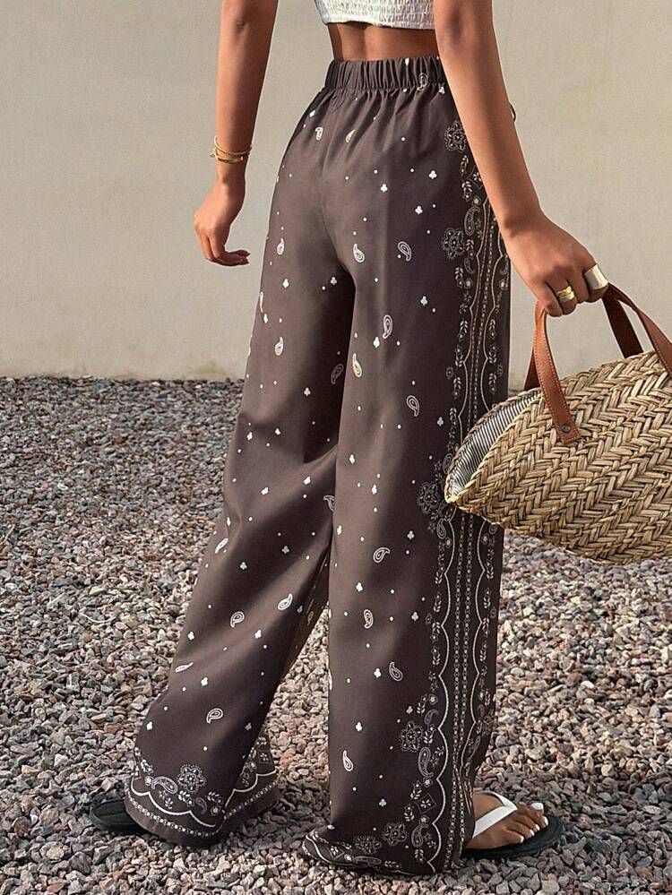 Floral Print Loose Wide Leg Pants With Elastic Waist And Drawstring, Casual Holiday Wear For Women, Spring/Summer