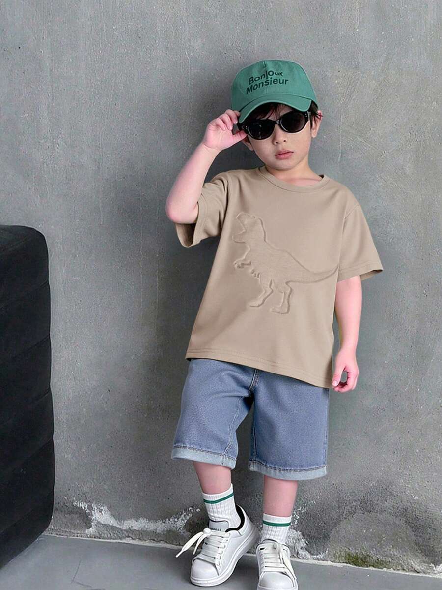 2件組小男孩恐龍壓紋短褲套裝，兒童 - 卡其色 - 查看 1