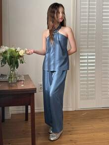 DAZY Set Kemeja dan Celana Tanpa Lengan Warna Polos untuk Anak Perempuan Remaja - Biru - View 5