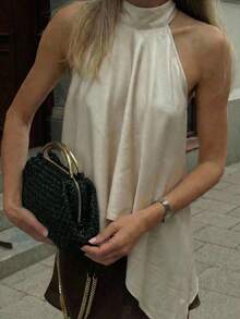 Aloruh 女士无袖露背吊带不对称下摆缎面上衣，复古优雅浪漫约会女士露脐上衣夏季外出上衣 - 杏色 - 查看 5