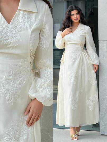 Al Najma Women's Elegant Vacation Style Embroidered Mesh V-Neck Lantern Sleeve Tie Waist Arabic Dress