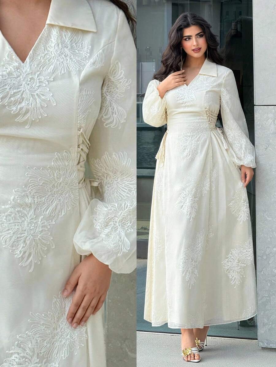 Al Najma Women's Elegant Vacation Style Embroidered Mesh V-Neck Lantern Sleeve Tie Waist Arabic Dress - Apricot - View 1