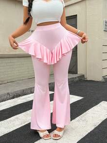 Celure Plus Size Ruffle Waist Solid Color Flare Leg Long Pants - Baby Pink - View 7