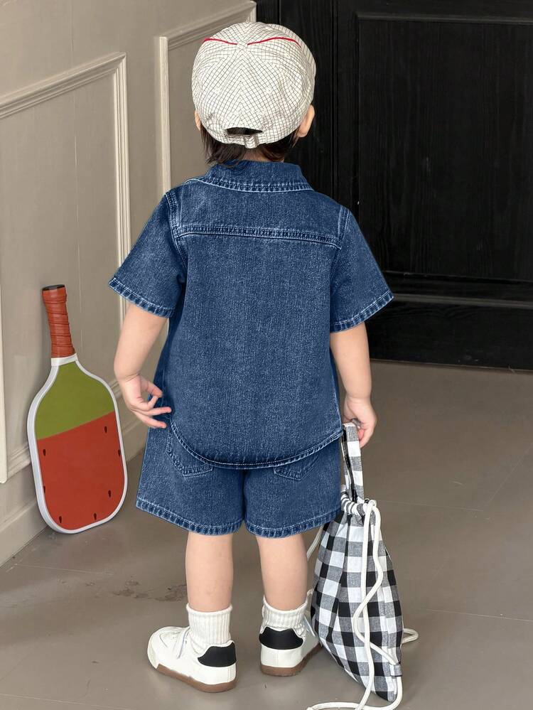 2pcs Toddler Boys' Summer Casual Denim Shirt With Collar & Shorts Set
