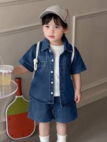 DAZY 2 piezas Conjunto de camisa vaquera con cuello y pantalones cortos de verano para niños pequeños - Celeste - Ver 5