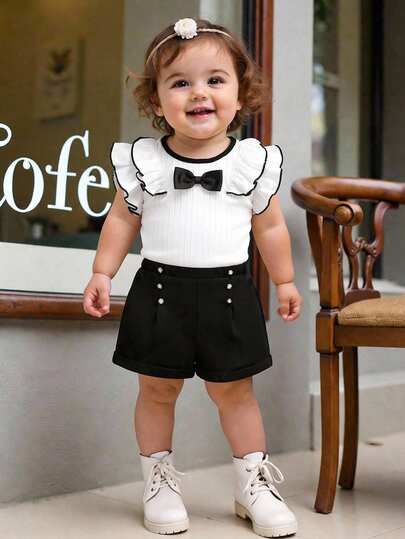SHEIN Two Pieces Set: Cute Baby Girl Knitted Solid Color Striped Flutter Sleeve Top And Black Suit Shorts, French Elegant Lady Style, Back To School, Fashionable Street Style, Mommy And Me Matching Outfits.