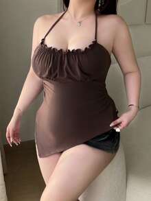 Vibekara Sexy Daily Date Floral Ruffle Irregular Hem Solid Color Plus Size Halter Neck Tank Top For Women - Mocha Brown - View 4