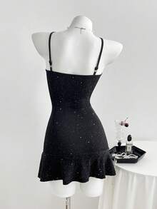 Elamini 女士性感V领吊带亮片迷你连衣裙，夏季修身派对连衣裙 - 黑色 - 查看 2