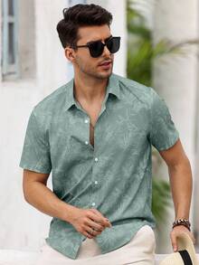 Manfinity RSRT 男士夏季休闲度假植物印花纽扣短袖衬衫 - 灰綠 - 查看 7