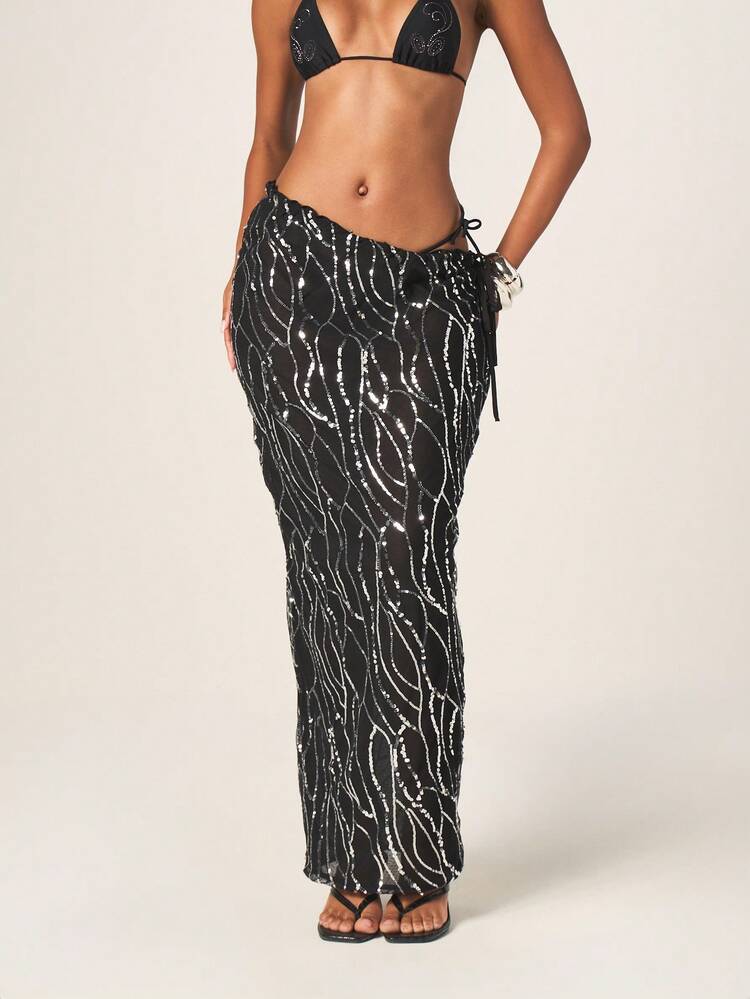 MISSGUIDED Sequined Maxi Beach Cover Up Skirt With Flowing Silhouette And Sparkling Wave Pattern For Summer Vacation Poolside Resort Wear