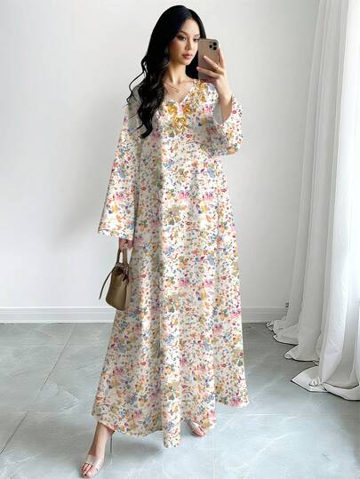 SHEIN Najma Colorful Graffiti & Floral Digital Print V-Neck Long Sleeve Maxi Dress, Plus Size Women's Elegant Floral Long Dress, Suitable For Spring And Summer, Arabic Style