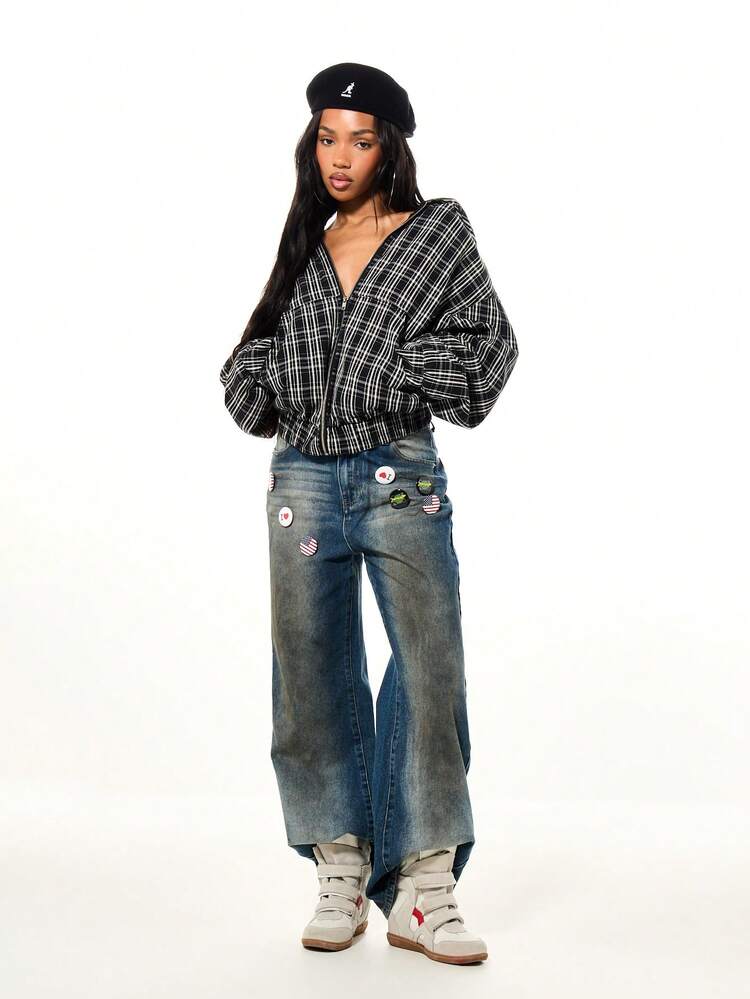 SUMWON WOMEN Washed Badge Detail Wide Leg Jeans