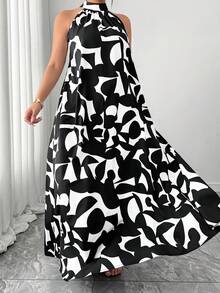 SHEIN Elenzya 数码印花宽松领口系带度假连衣裙 - 彩色 - 查看 1