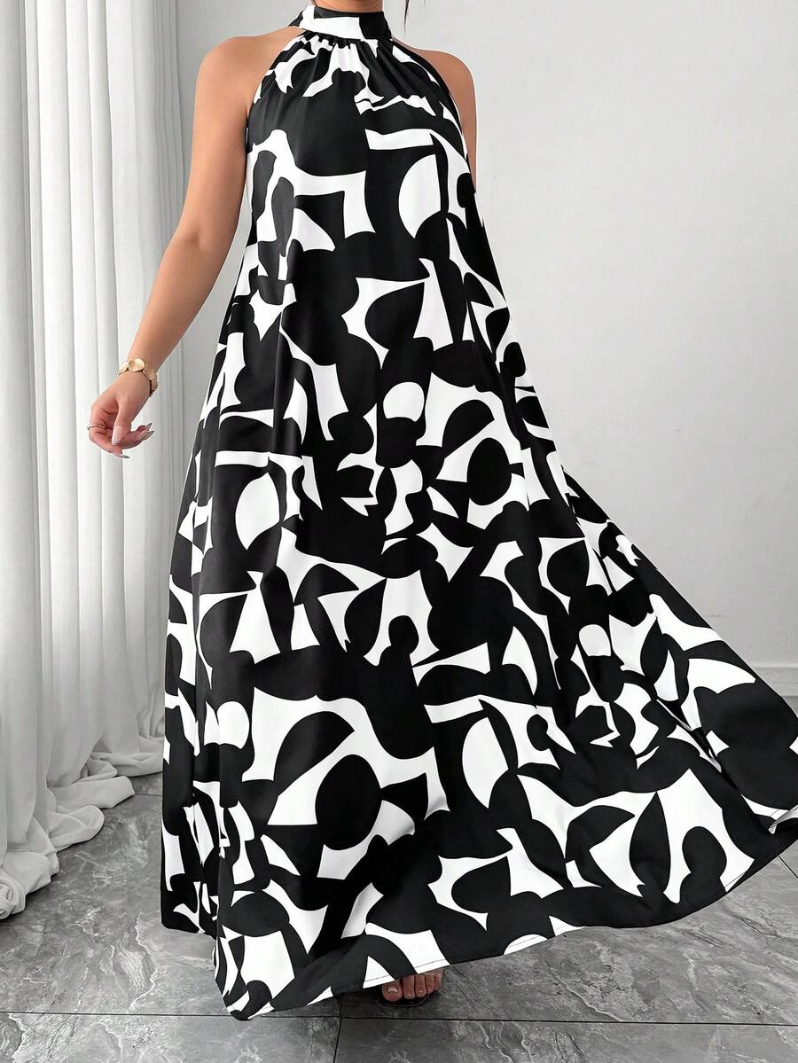 SHEIN Elenzya 数码印花宽松领口系带度假连衣裙 - 彩色 - 查看 1