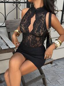 Siren Gaze Women's Elegant Black Floral Summer Lace Halter Neck Slim Fit Top,Sleeveless Keyhole See Through Club Night Outfits Party Chic Crochet Tops - Black - View 6