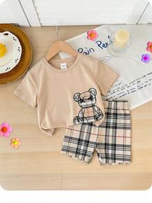 SHEIN Set de tricou și pantaloni scurți cu mânecă scurtă, casual, de vară pentru bebeluși și fetițe, cu imprimeu de ursuleți, stil carouri, casual - Multicolor - Vizualizare 8