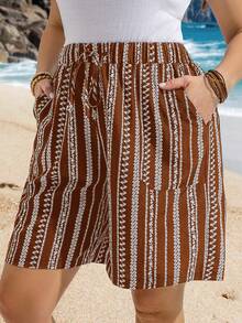 EMERY ROSE Plus Size Vertical Stripe Print Casual Summer Pocket Shorts - Brown - View 4
