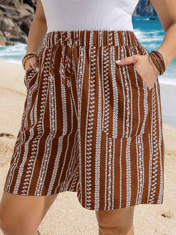 Plus Size Vertical Stripe Print Casual Summer Pocket Shorts