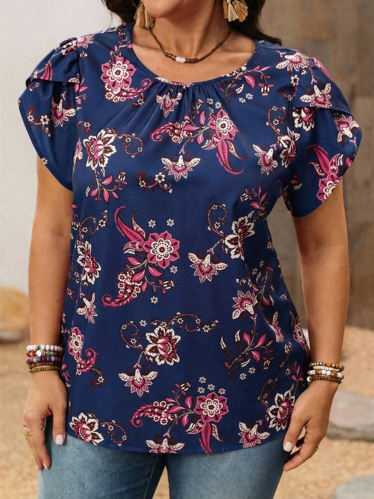 Plus Size Women's Floral Print Petal Sleeve Shirt, Country Vacation Outfits Woman,Summer Outfits For Women