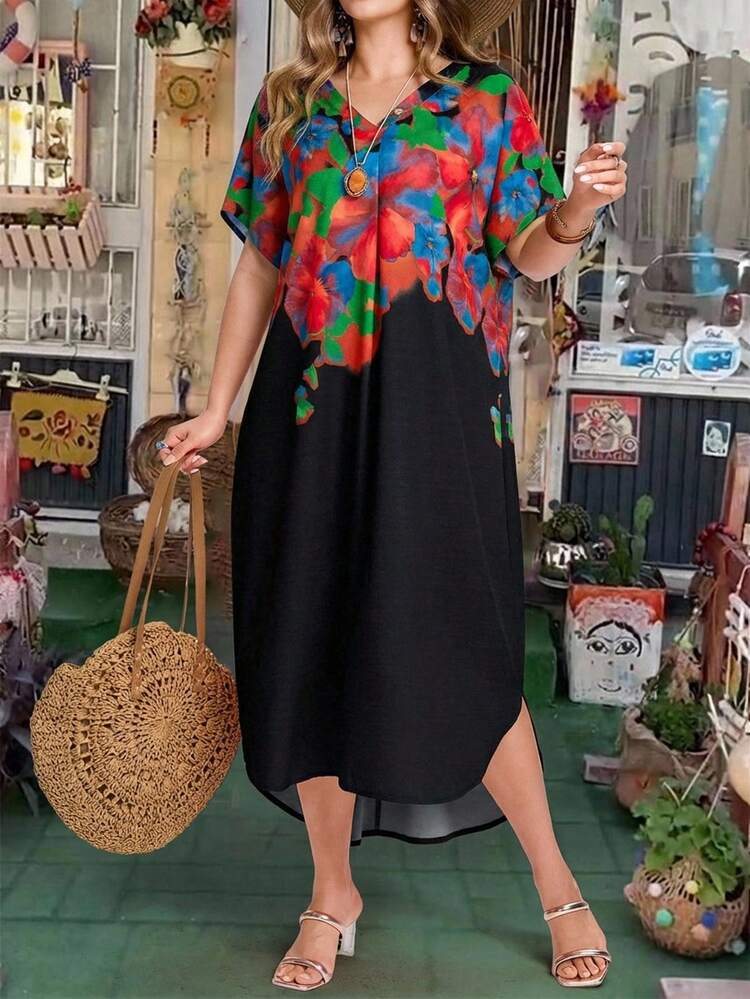 Plus Size V-Neck Ruched Hem Tropical Vacation Dress, Suitable For Spring & Summer Summer Dress  Summer Outfits Summer Clothes Spring Dress Spring Outfit Women Spring Clothing Country Style For Women Country Dress For Women Vacation Outfits Women