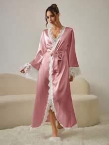 SHEIN Women's Contrast Color Lace Patchwork Flare Sleeve Elegant Robe - Dusty Pink - View 3