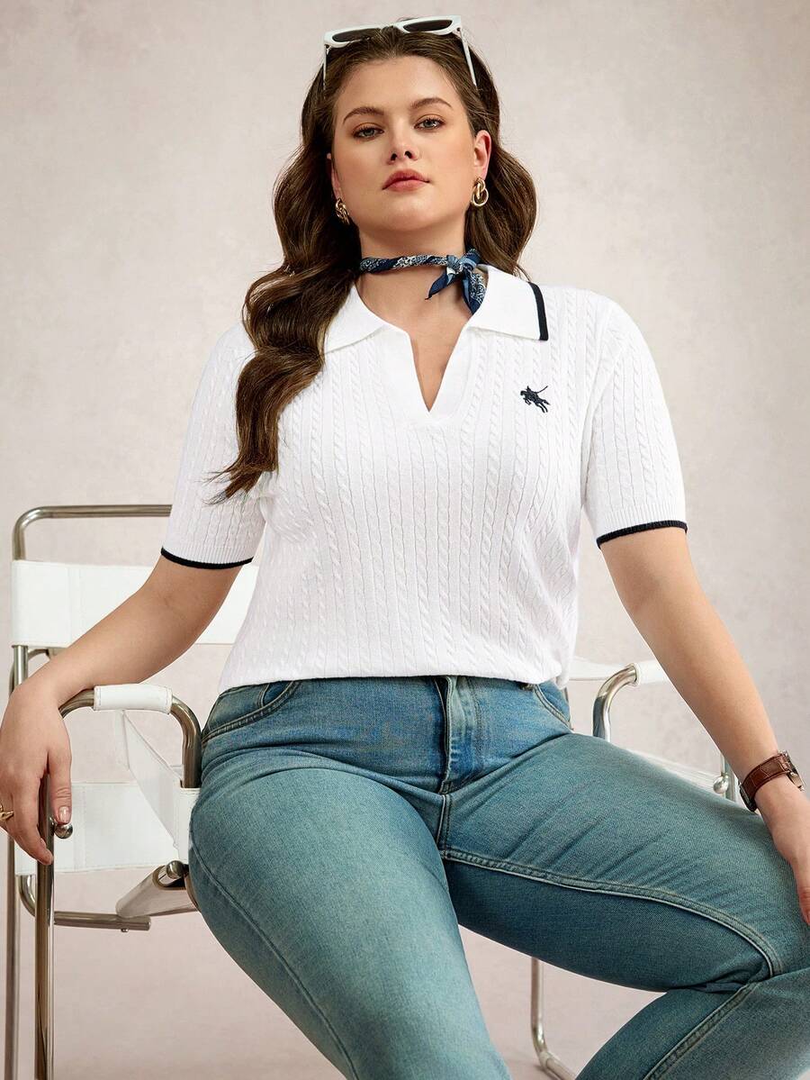 Zelara Atasan Polo Wanita Ukuran Besar untuk Musim Panas dengan Motif Bordir, Atasan Wol untuk Acara Santai, dan Gaya Bahari - Krem - View 1