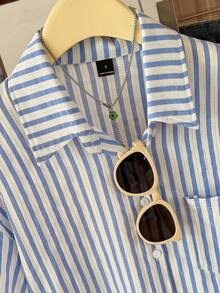 Elamini 条纹短款宽松休闲女式宽松袖口衬衫，亚麻质感女式衬衫 - 藍白色 - 查看 4