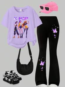 少女韩流明星图案休闲舒适紫色圆领短袖T恤搭配黑色喇叭裤套装，适合所有季节，日常穿着，户外活动皆宜 - 彩色 - 查看 2