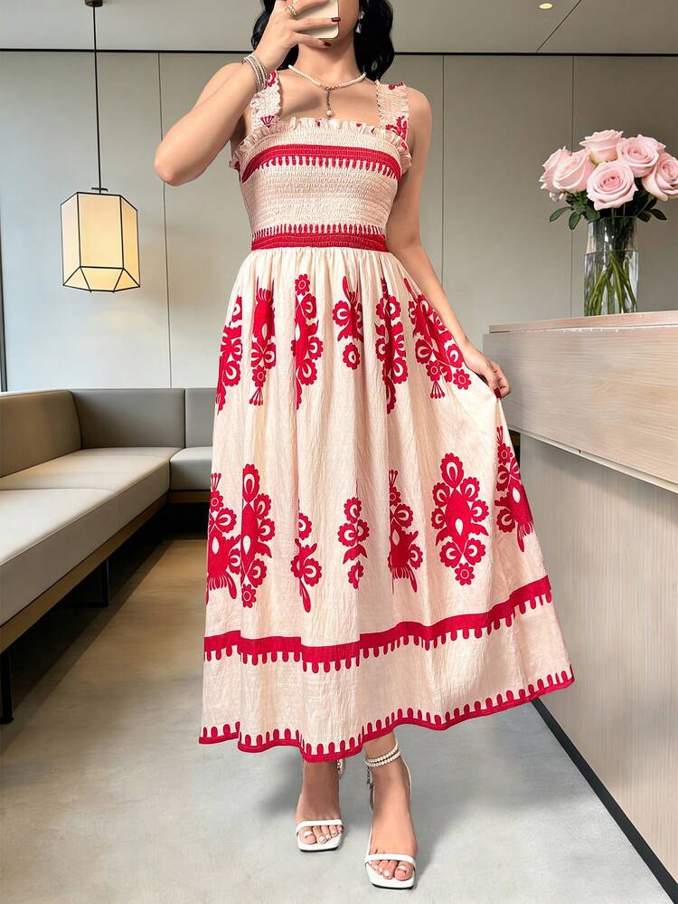 Women's Elegant Floral Print Sleeveless Mid-Length Dress, Summer Wedding Guest Dress Sundress Boho