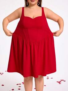 SHEIN CURVE+ CURVE PLUS /Valentine's Day/Plus Size Women's Burgundy Solid Color Bodycon Cami Dress - Red - View 3
