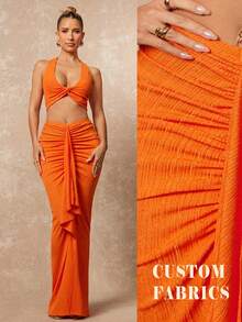 Lumalex Bộ 2 món gồm áo quây hở lưng và chân váy quấn cạp thấp dáng suông lấp lánh dành cho nữ. - Màu Cam cháy - Xem 2