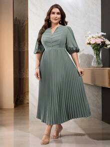 Modelyn Plus Size Solid Color Minimalist Casual Short Sleeve Dress - Green - View 9