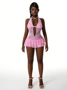 Amplova 女士纯色蕾丝拼接蝴蝶结装饰露背性感连体裤 - 粉色 - 查看 10