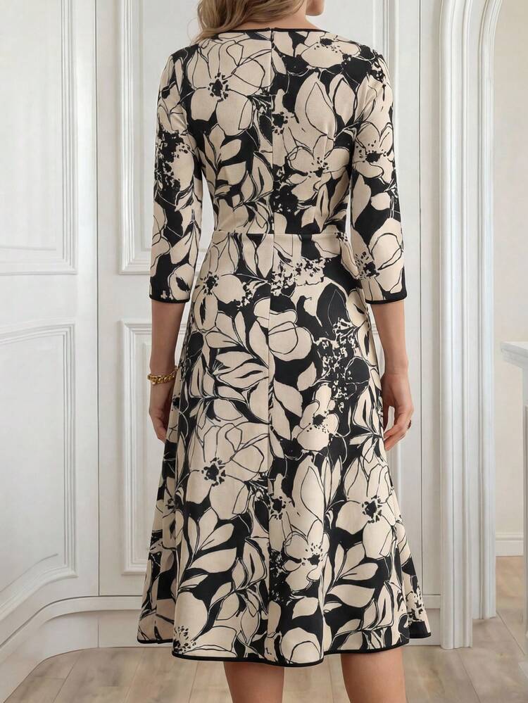 Elegant Black & Beige Floral Midi Dress For Women – 3/4 Sleeve Belted A-Line Dress With Bold Flower Print, Perfect For Summer & Spring, Ideal For Wedding Guest, Party, Graduation, Formal Office, And Going Out Occasions