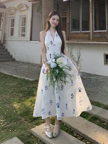 DAZY Women's Tie-Up Korean Style All-Over Print Midi Dress - White - View 2