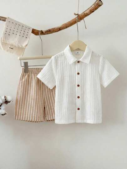 SHEIN 2pcs Young Boys' Casual Collegiate Solid White Hollow Knit Soft Round Neck Short Sleeve Cardigan Top And Contrast Khaki Cuffed Shorts Set, Suitable For Spring/Summer, Daily Wear, School, Travel, Holiday, Party