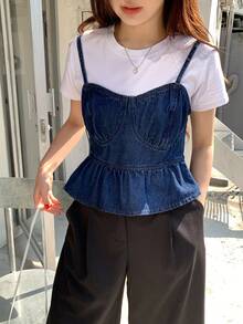 DAZY Women's Spaghetti Strap Denim Top With Ruffle Trim - Blue - View 4