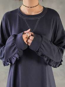 FRIFUL Vestido casual de mujer con patrón de letras, volantes y hombros caídos de manga larga, otoño - Azul Marino - Ver 2