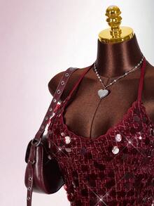 Amplova 2026 New Sequin Sheer Halter Neck Tank Top And Mini Skirt Set For Women - Burgundy - View 5