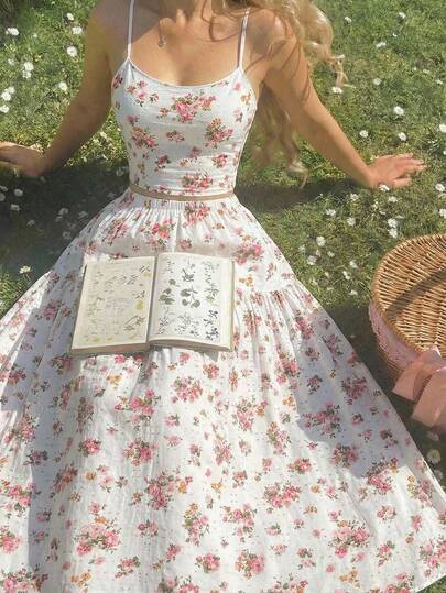 SHEIN MOD Women Floral Print Camisole Top And Skirt Casual 2 Pieces Set,Summer,Vacation Outfits, Retro, Vintage,Country Outfits, Going Out,Teacher Outfits For Women,Date, Picnic, Party, Prom, Festival,Birthday Wear, Cottagecore,Tea Party,Milkmaid,French Style,Floral Print