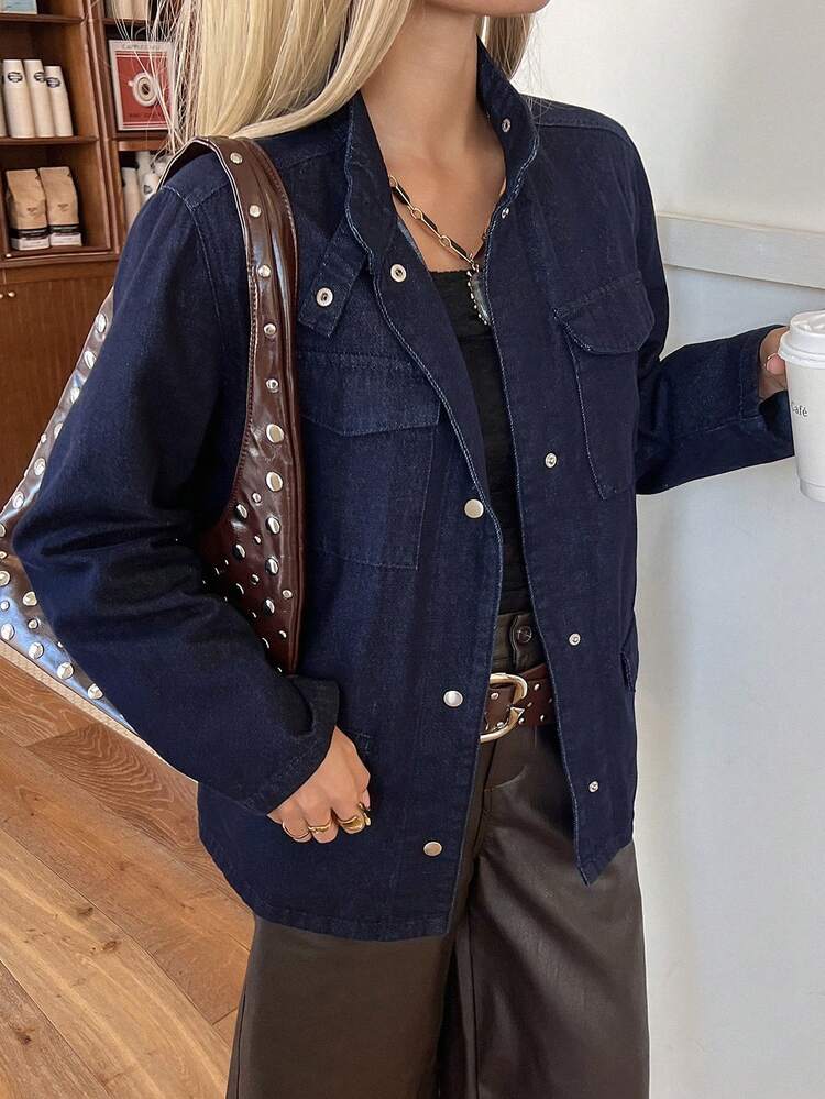 Women's Loose Fit Stand Collar Decorative Pockets Long Sleeve Casual Washed Denim Jacket