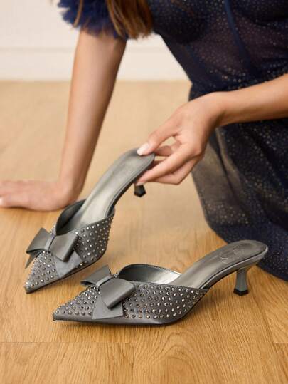 CUCCOO HITCHD Women Shoes French New Fashion Sparkling Rhinestone Satin Bow Pointed Sexy Kitten And Slippers, Elegant Gorgeous High Sense Slip-On Comfortable Breathable Low Vamp Shoes Wedding Shoes Summer Shoes Bride Shoes