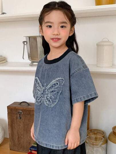 DAZY 女童圆领撞色韩版水洗牛仔短袖上衣