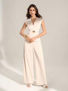 SHEIN Tall 女士优雅简约休闲通勤日常金属扣泡泡袖露脐上衣和高腰阔腿裤两件套，杏色，教师装 - 杏色 - 查看 11