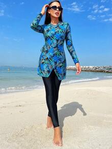 Swim Mulvari 女士热带印花不对称下摆长袖布基尼上衣和下装套装，海滩度假，春夏 - 藍色 - 查看 4