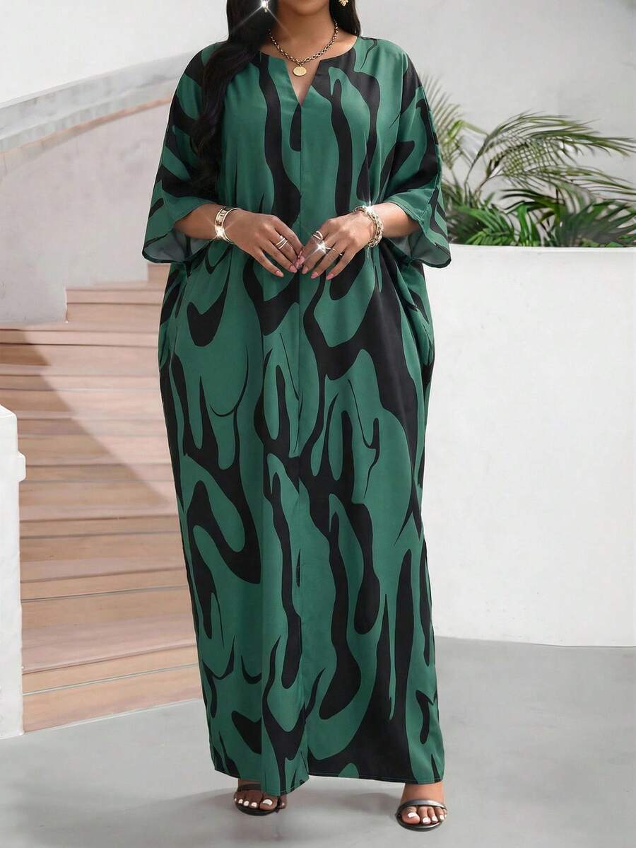 SHEIN Lady Đầm nữ dáng suông dài đến đầu gối, cổ chữ V, tay lỡ 3/4, in họa tiết hoa, thích hợp cho kỳ nghỉ. - Màu xanh Ô liu - Xem 1