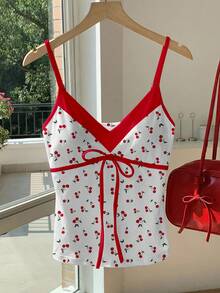 Comfortcana 女士休闲撞色紧身吊带背心，樱桃印花，适合夏季穿着 - 彩色 - 查看 3