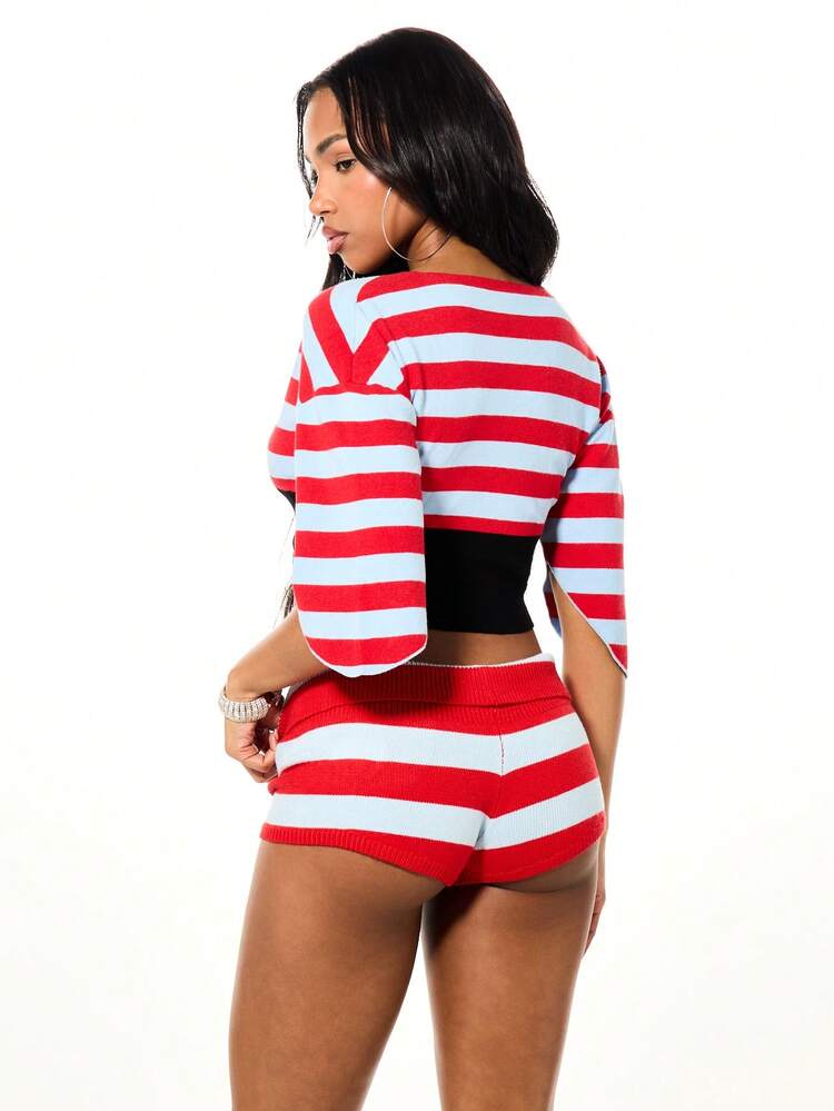 SUMWON Ribbed Knit Striped High Rise Hot Pants Booty Shorts With Lace Up Corset Detail