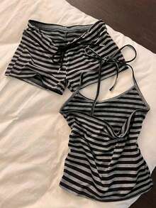 Resyla New Striped Tie Spaghetti Strap Crop Top And Shorts 2 Pieces Set, Casual Sexy Slim Fit - Grey - View 2